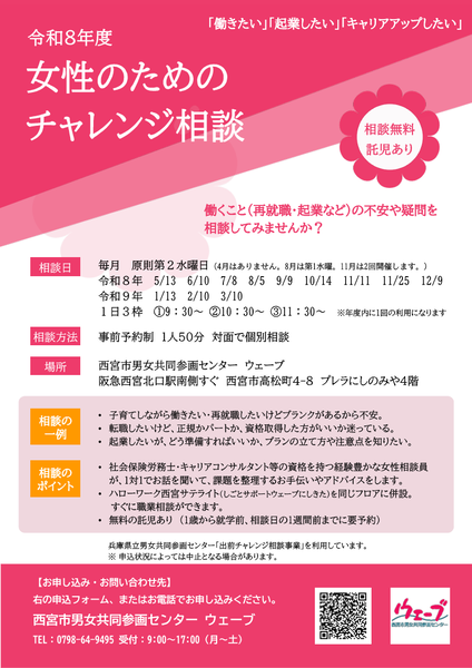 ウェーブの事業、令和8年度女性のためのチャレンジ相談のちらし