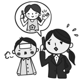 こどもが体調を崩して慌てて電話している様子のイラスト こどもが体調を崩して慌てて電話している様子のイラスト