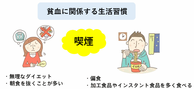 貧血に関係する生活習慣を説明した図