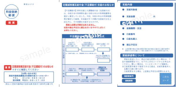 不足額給付1の青文字ハガキの画像です。