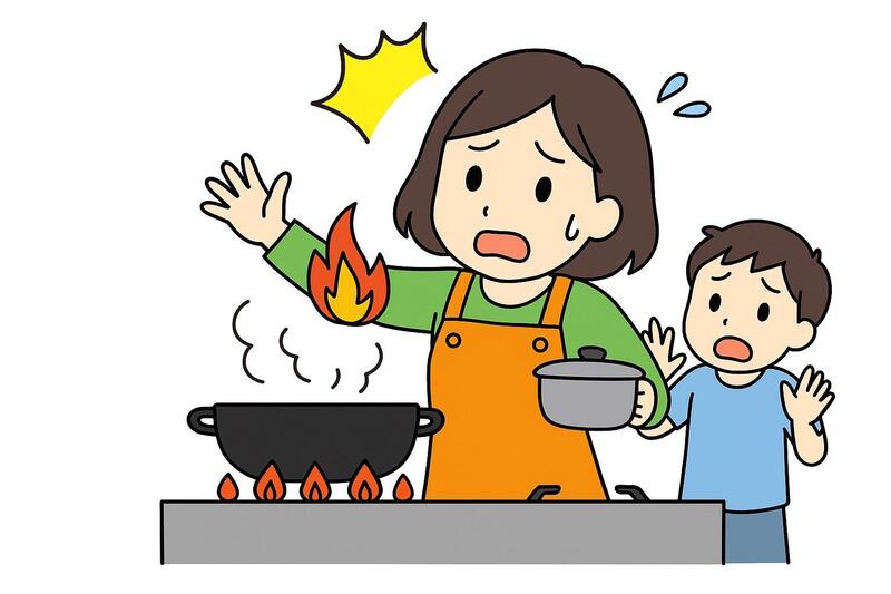 台所のコンロの火が着衣着火してしまったイラストです
